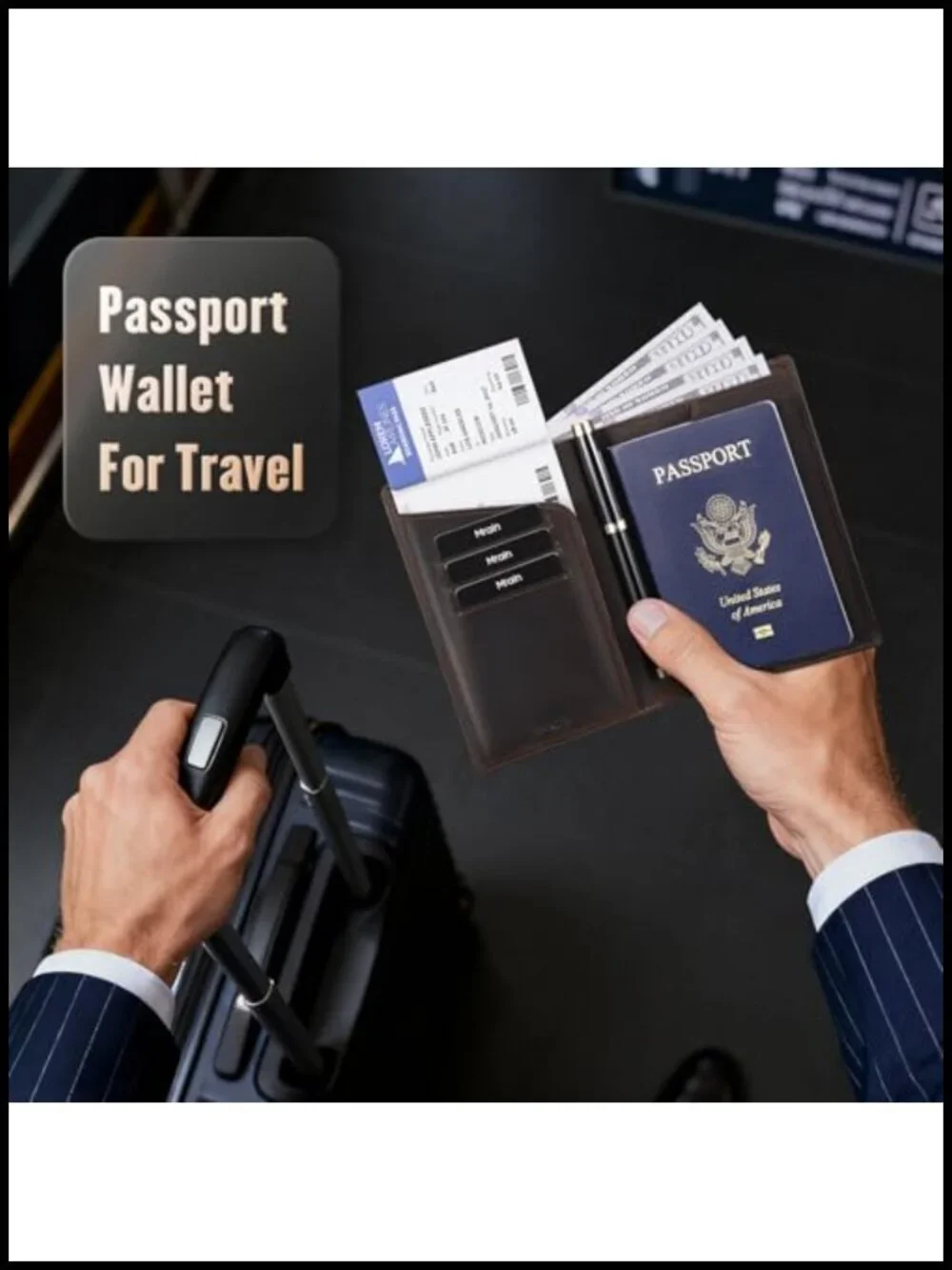 Genuine Leather RFID Blocking Passport Holder Wallet with AirTag Slot